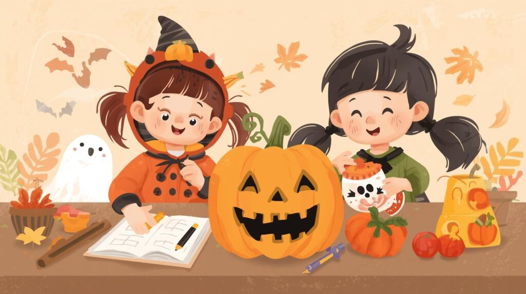 Kids counting candy on halloween