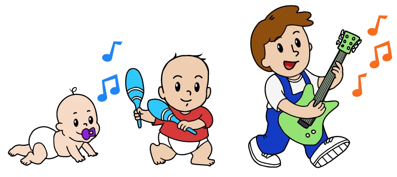 Cartoon Rockness kids band playing guitar, pacifier kazoo and maracas